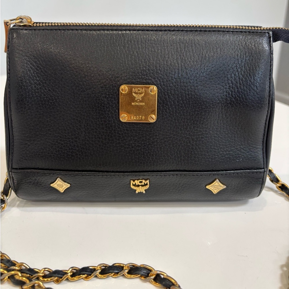 MCM Vintage Black Pebbled Leather Chain Crossbody Bag Gold Hardware - Picture 11 of 13